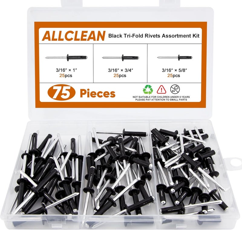 ALLCLEAN 3/16" x 5/8"-3/4"-1" Tri-Fold Rivets Assortment - 75Pcs,Black Tri-fold Exploding Pop Rivets Solid Aluminum Tri Grip Rivets Bulb Style Rivets for Kayak Marine Boat - Image 1